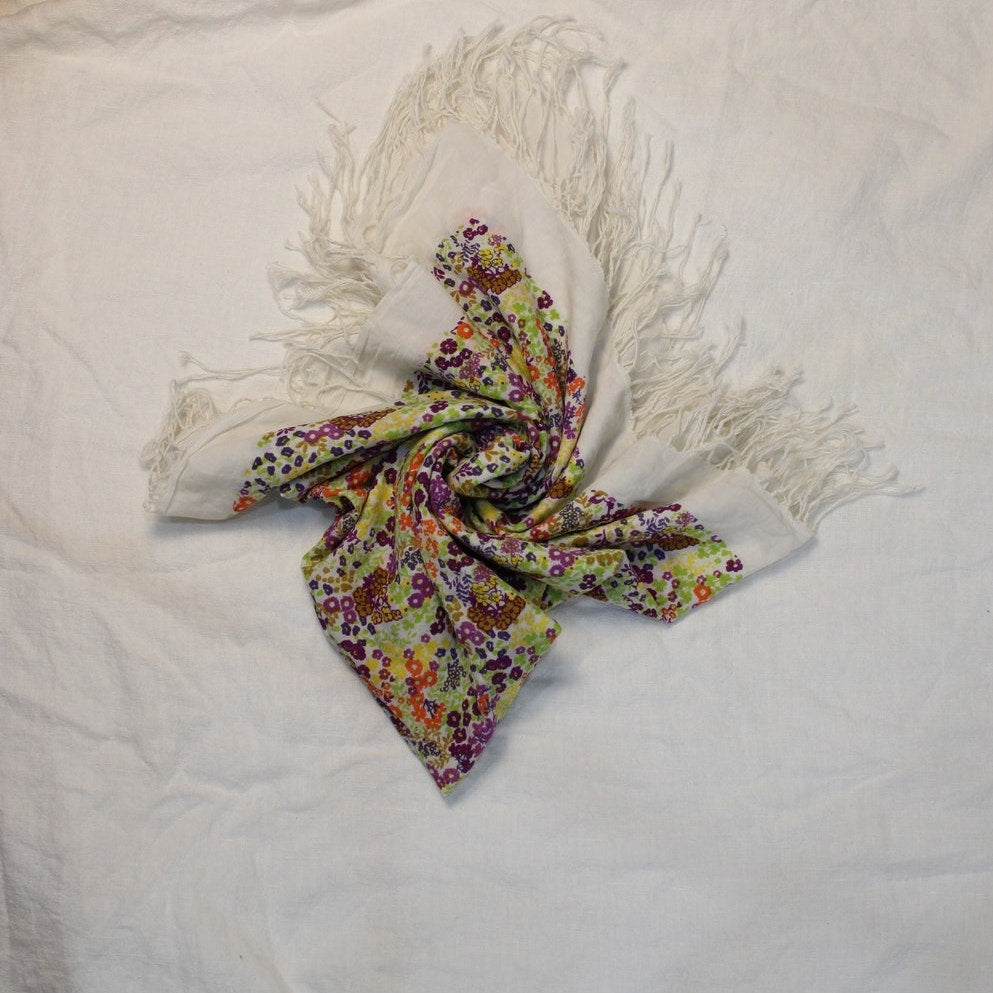 70s Floral Cotton fringed scarf