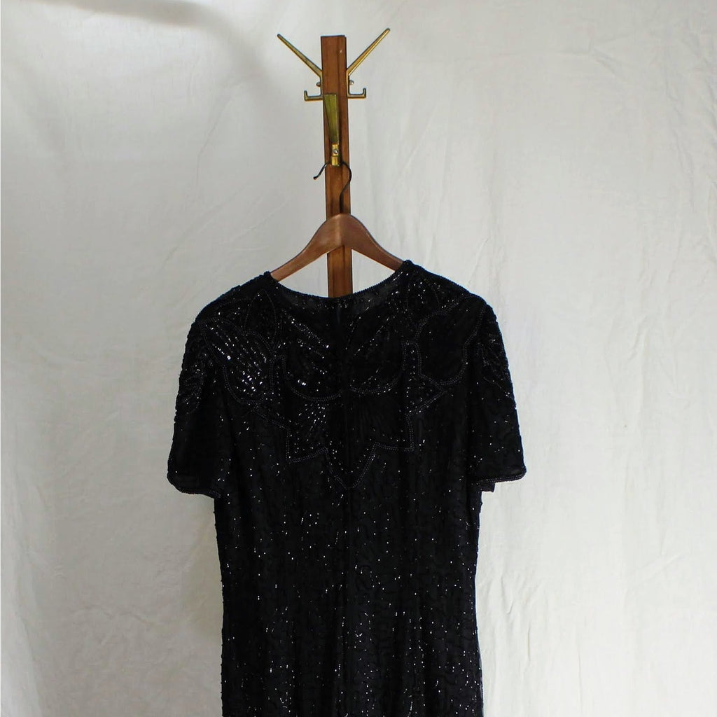 80s- vintage black beaded owl dress - silk - gothic glamour