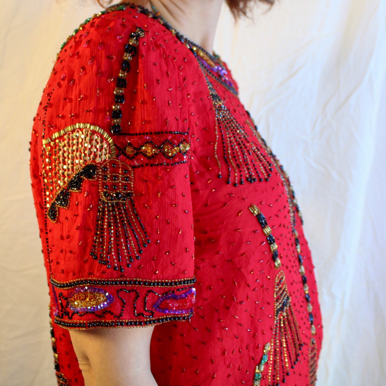 80s spellbinding red silk beaded “witch’s broom” top