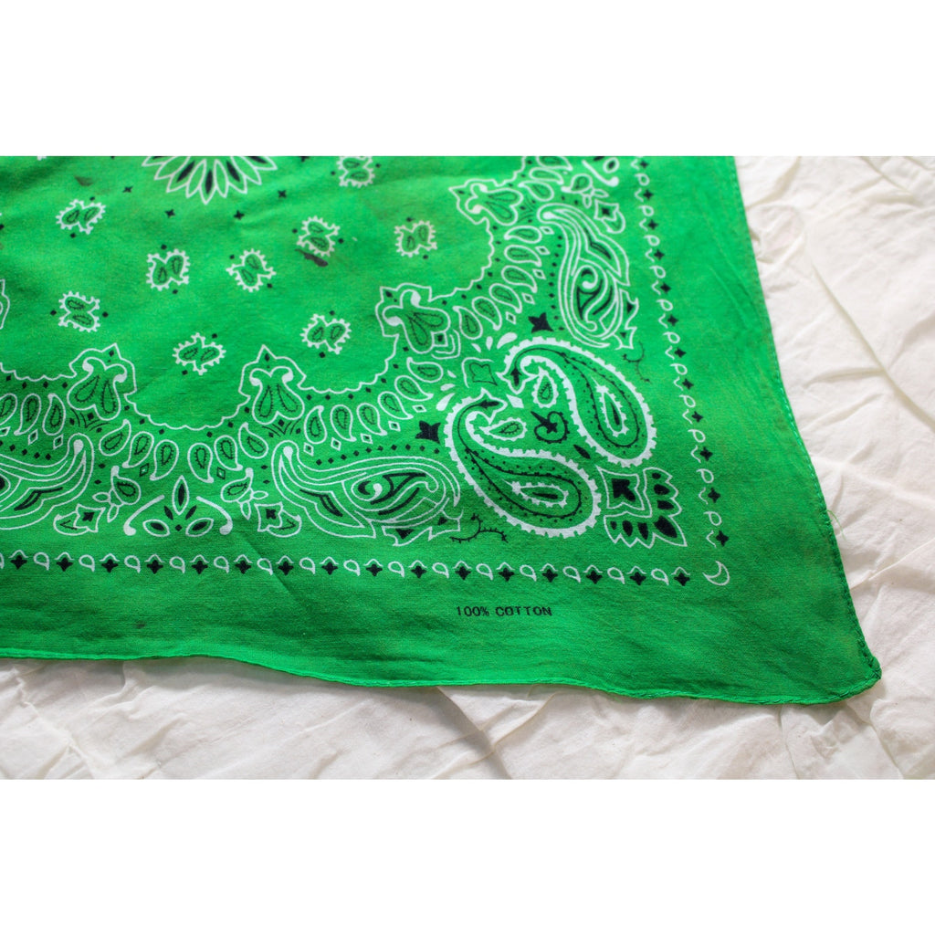 70s/80s Bright Green Distressed Paisley Bandana, 100% Cotton