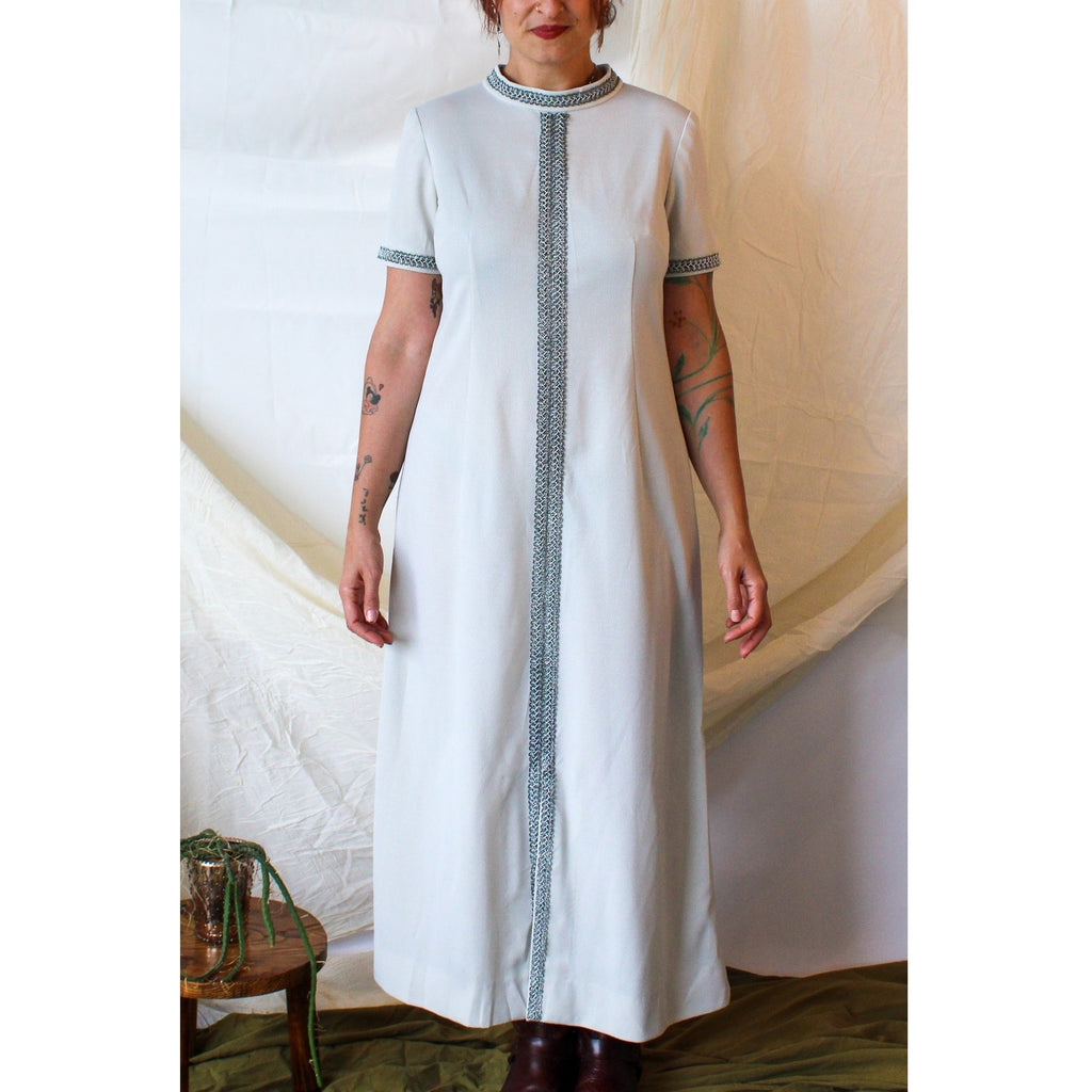 70s silver maxi dress with metallic braid trim