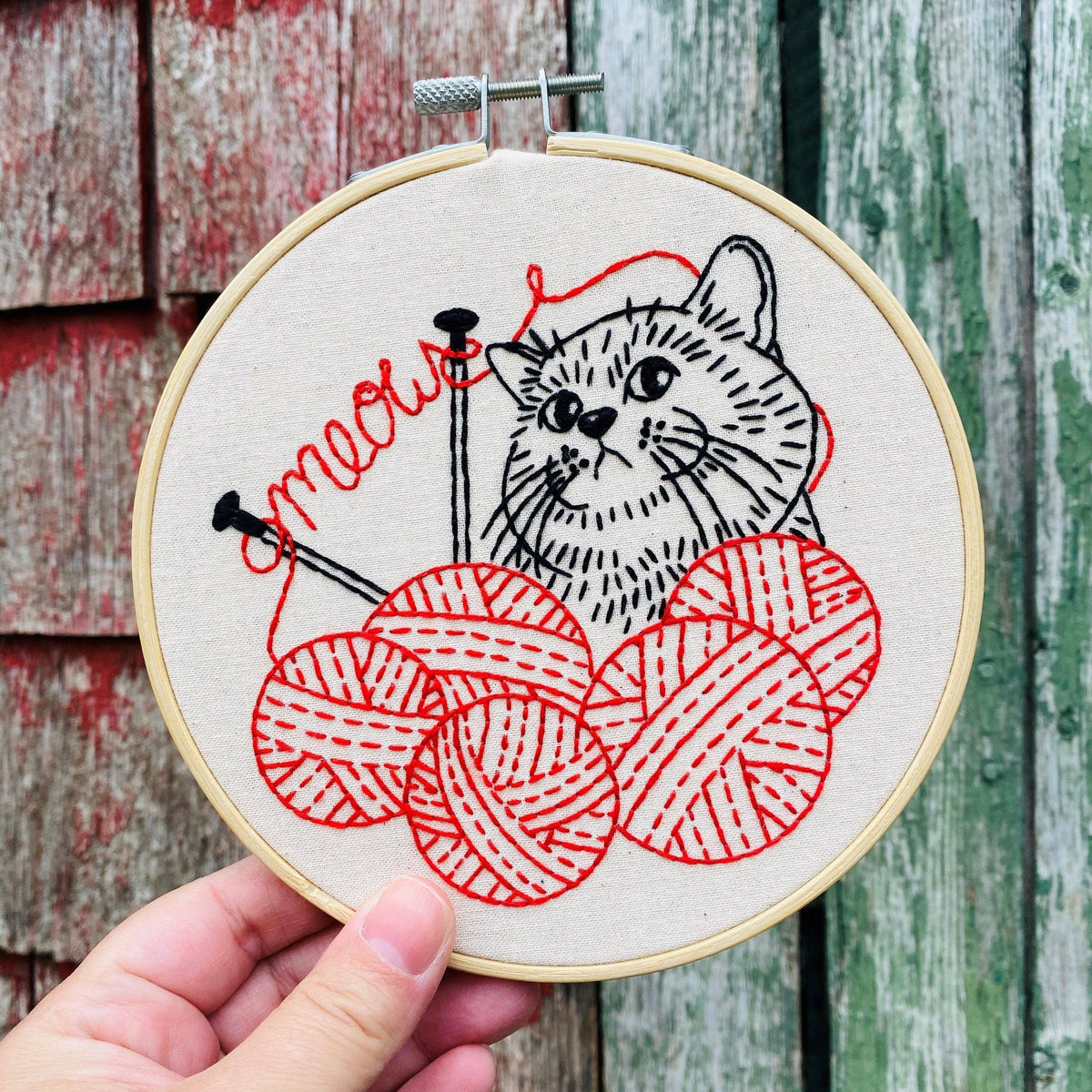 kitten and knitting embroidery kit in red and black