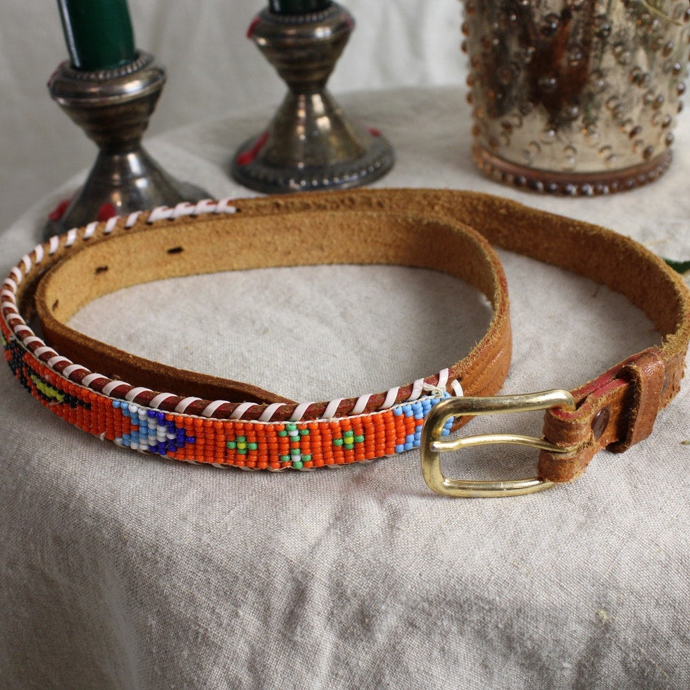 70s orange beaded leather belt