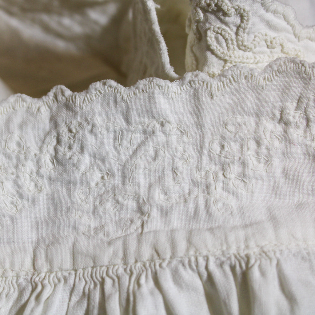 Antique white cotton nightgown with hand‑stitched cord embroidery