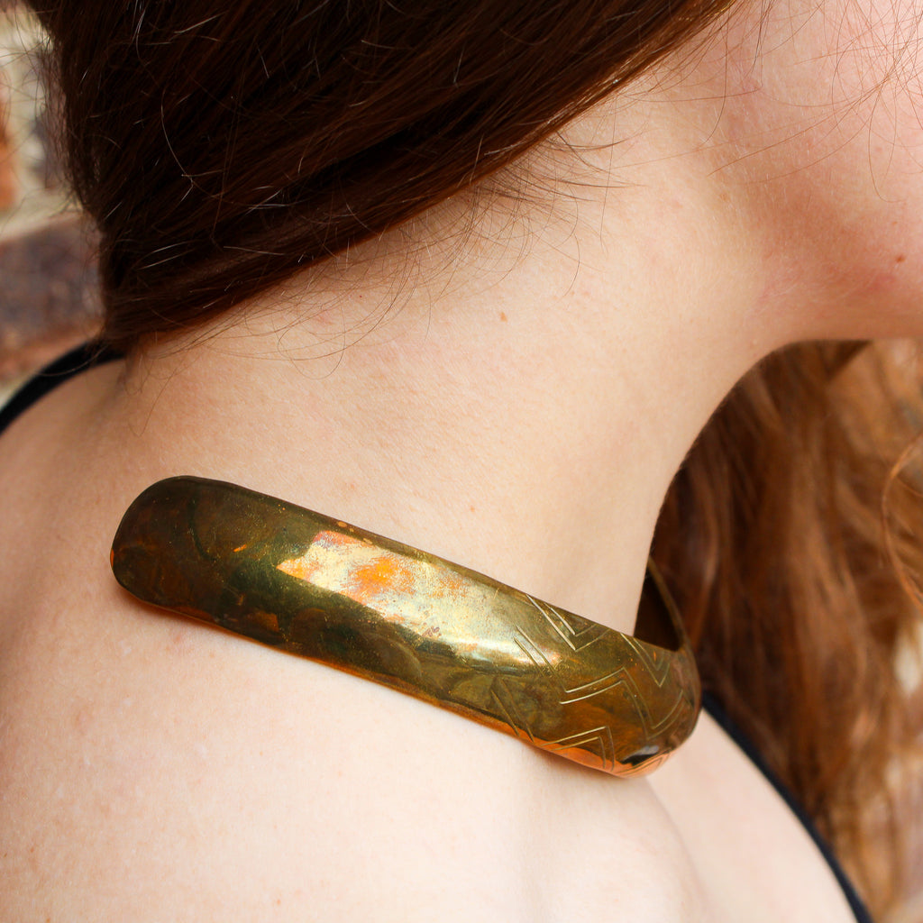 70s vintage patina etched brass collar choker necklace