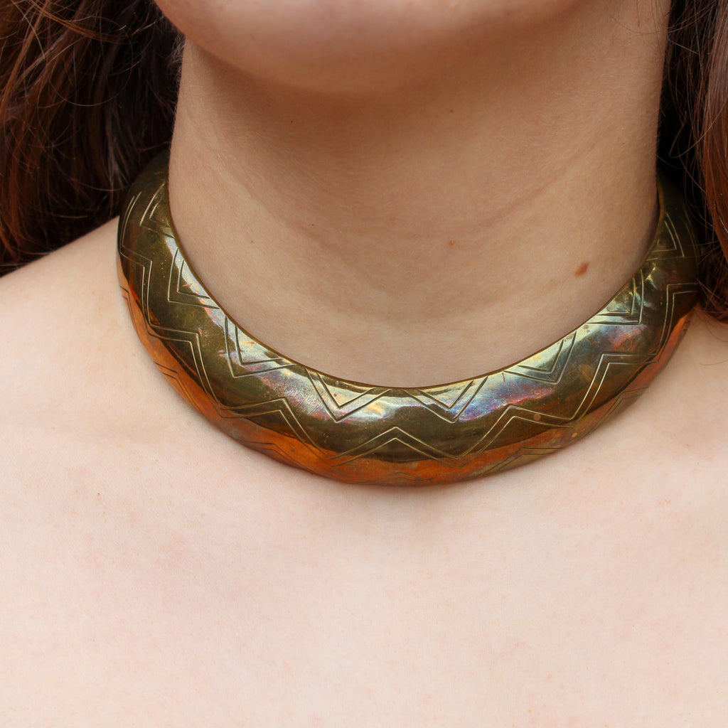 70s vintage patina etched brass collar choker necklace