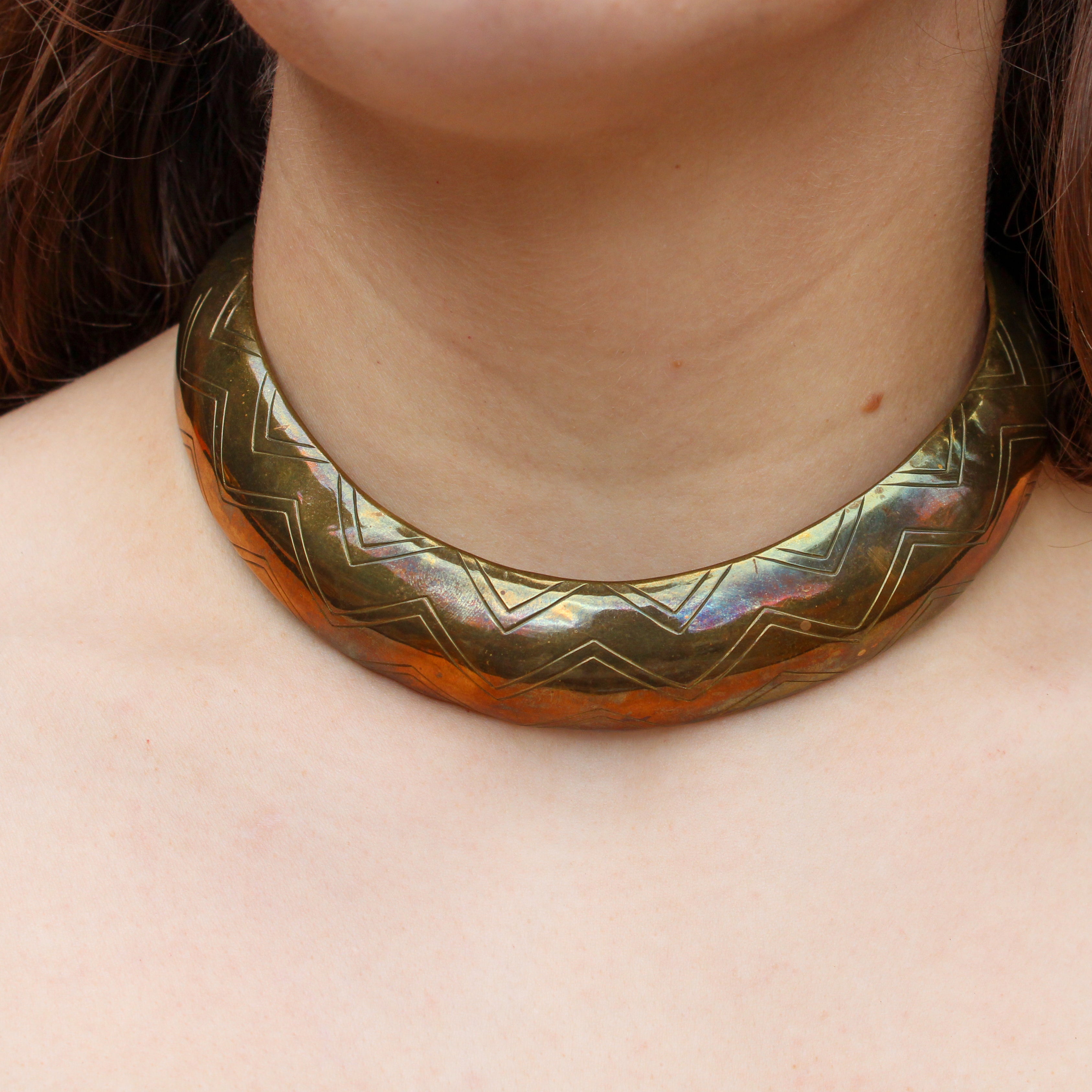 70s vintage patina etched brass collar choker necklace