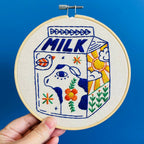 folk milk carton embroidery kit in cobalt