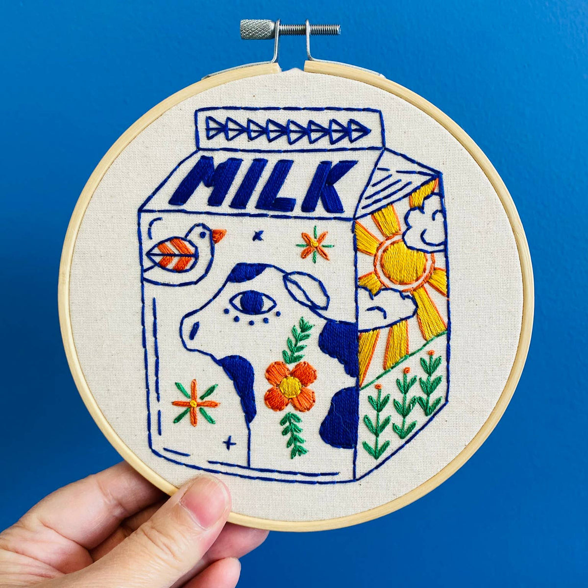 folk milk carton embroidery kit in cobalt