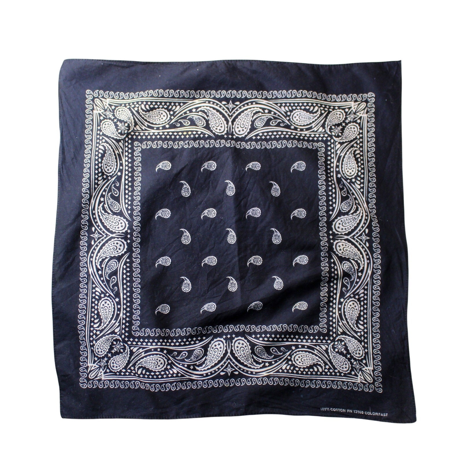 70s/80s rn 13960 black bandana, made in usa, 100% cotton