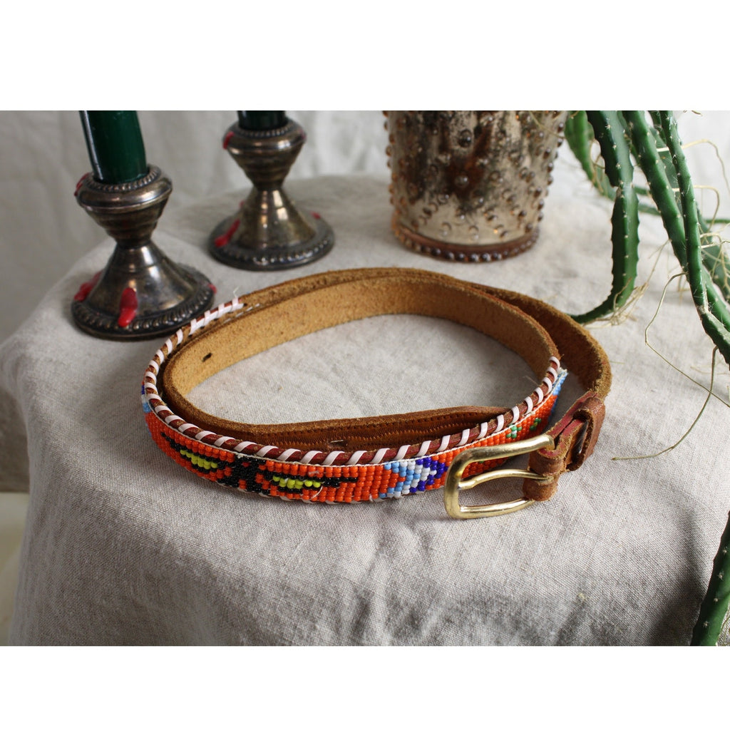 70s orange beaded leather belt
