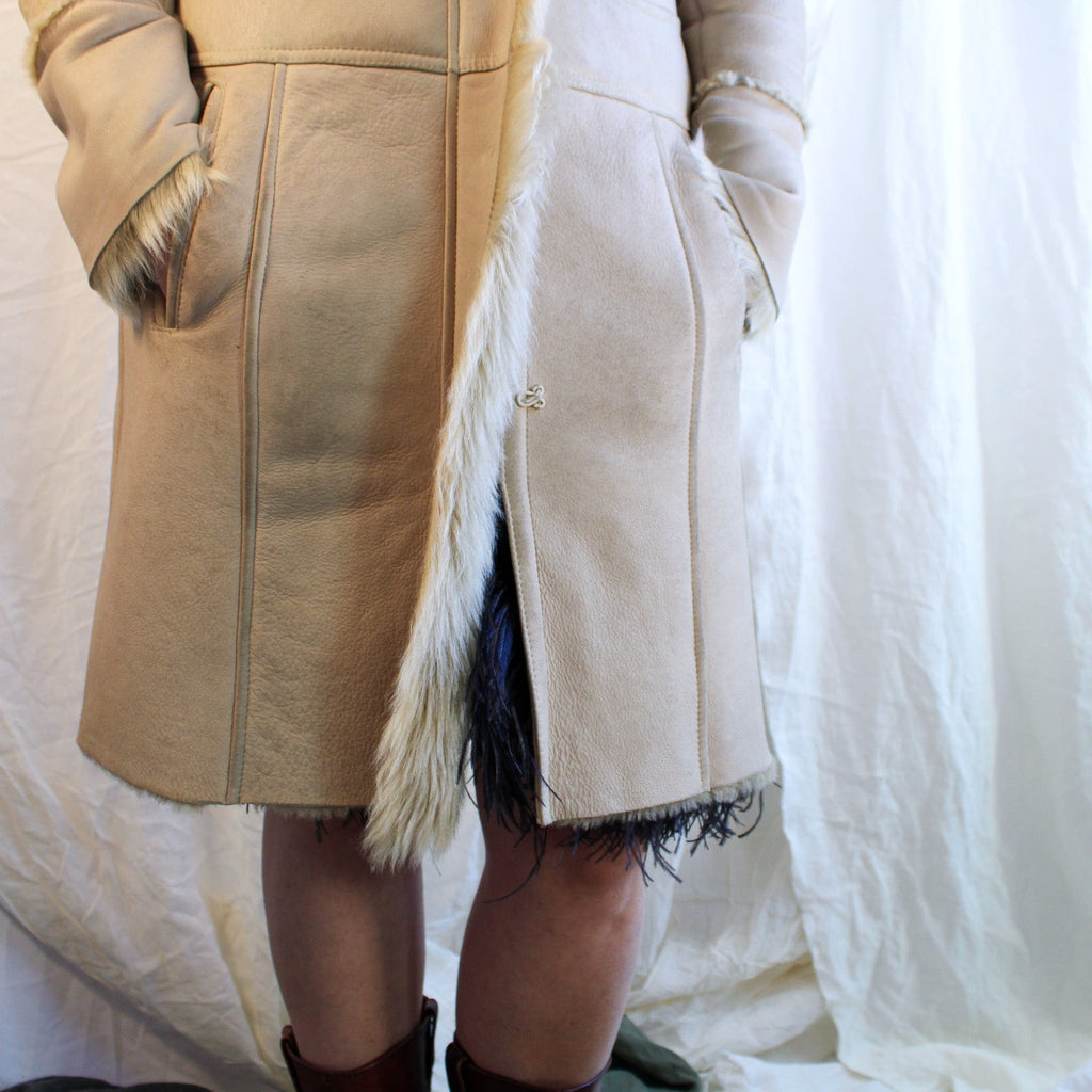 90s vintage lambskin patchwork shearling coat with fur trim - a modern penny lane
