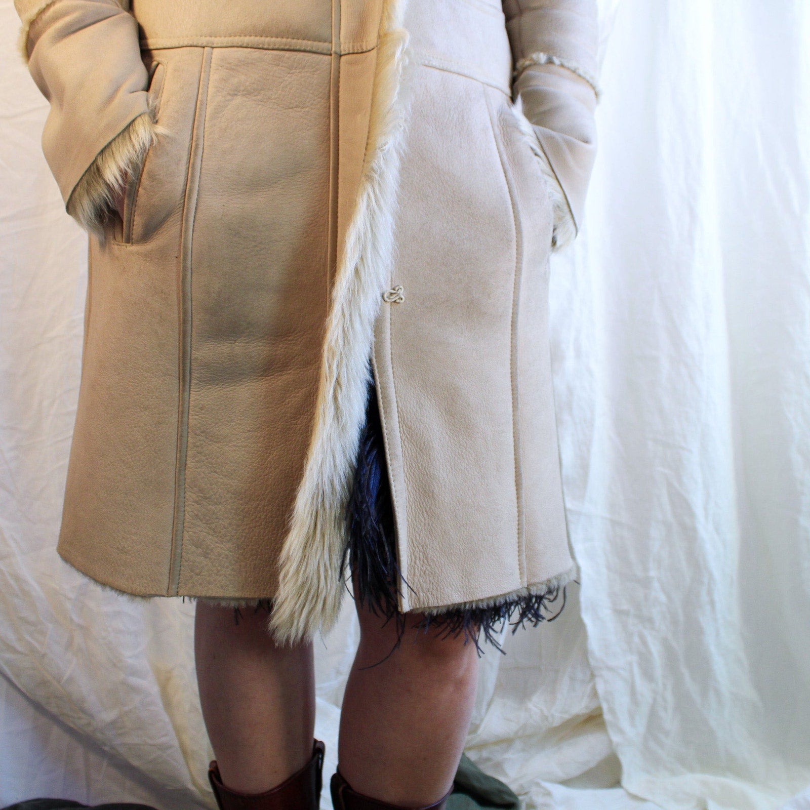 90s vintage lambskin patchwork shearling coat with fur trim - a modern penny lane