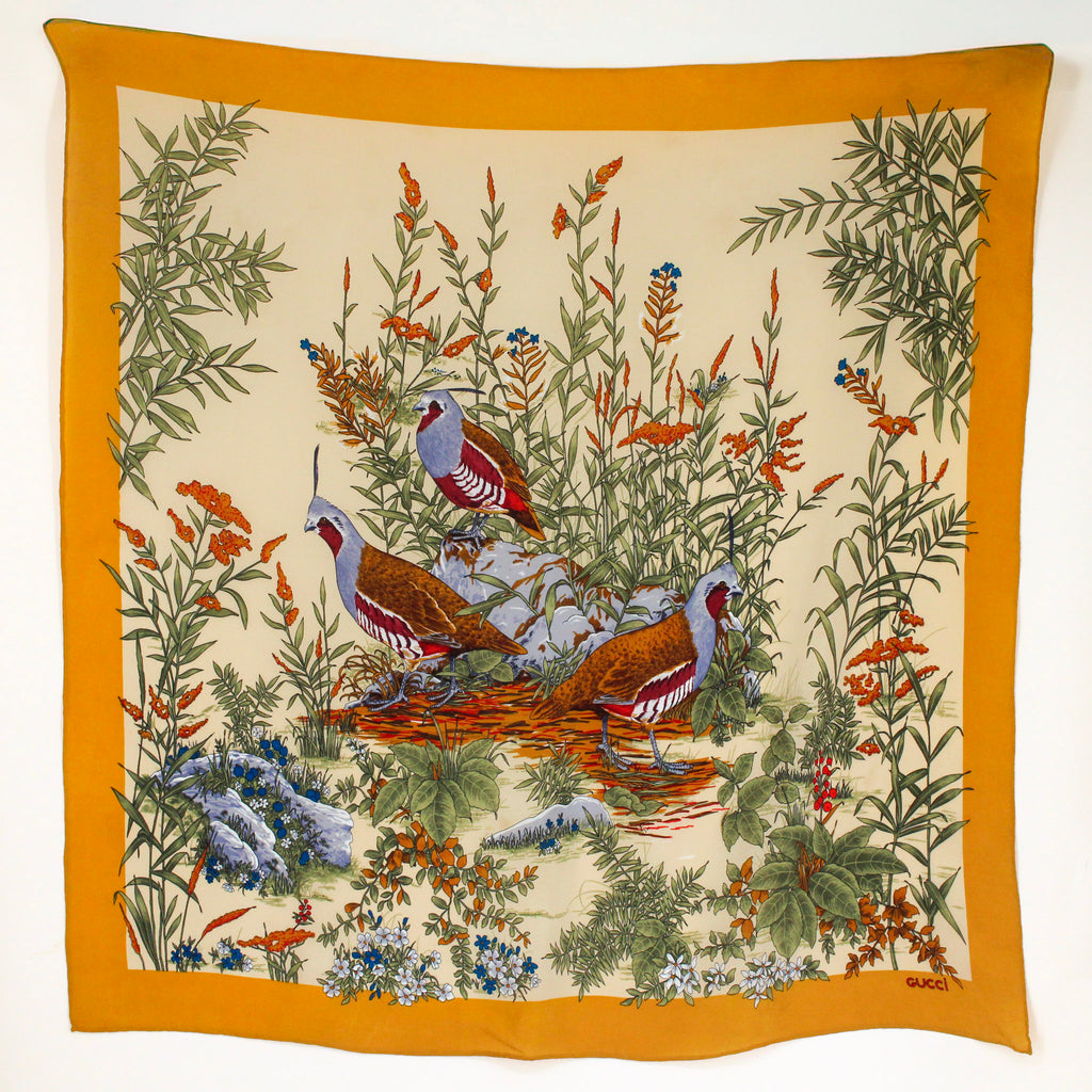 80s gucci quail botanical silk carré scarf