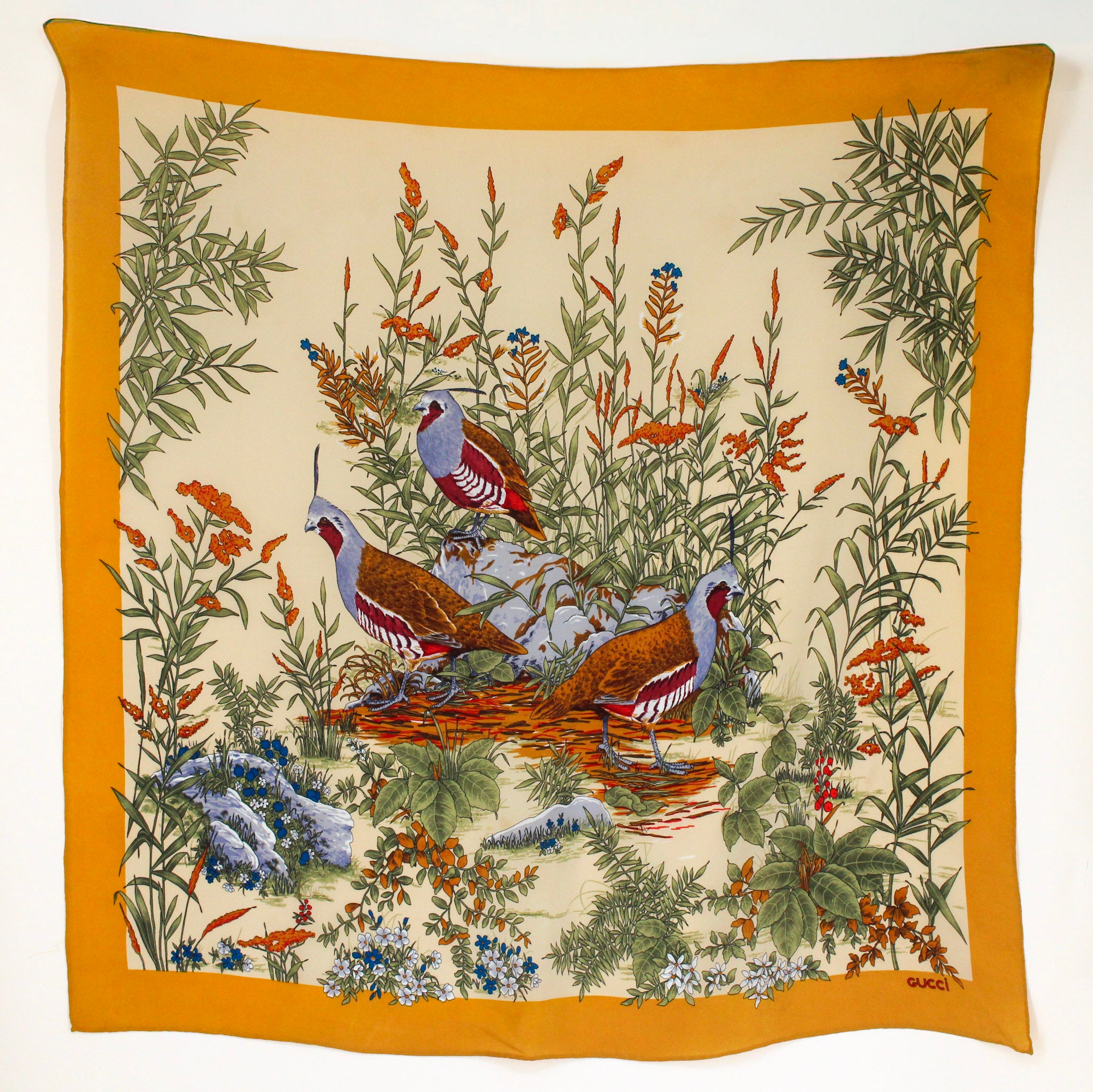 80s gucci quail botanical silk carré scarf