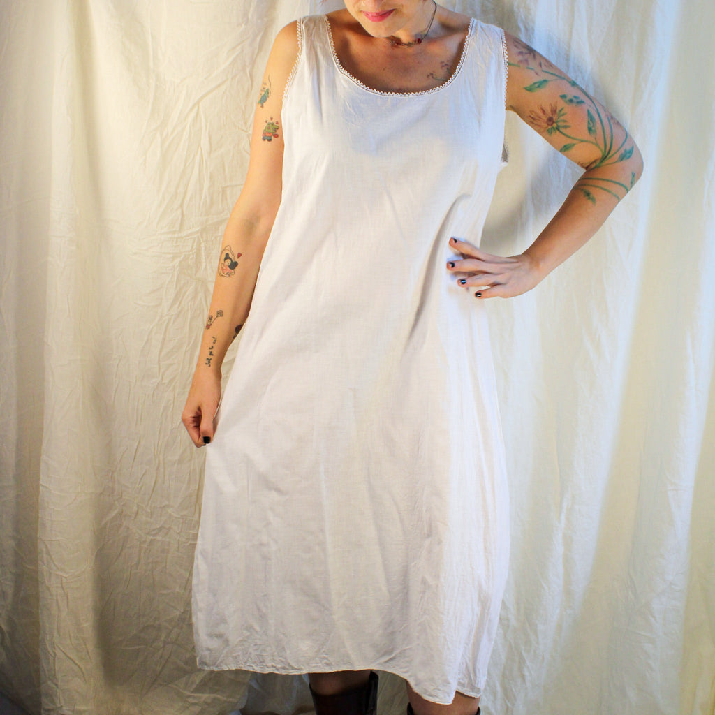 Antique cotton chemise slip with picot lace