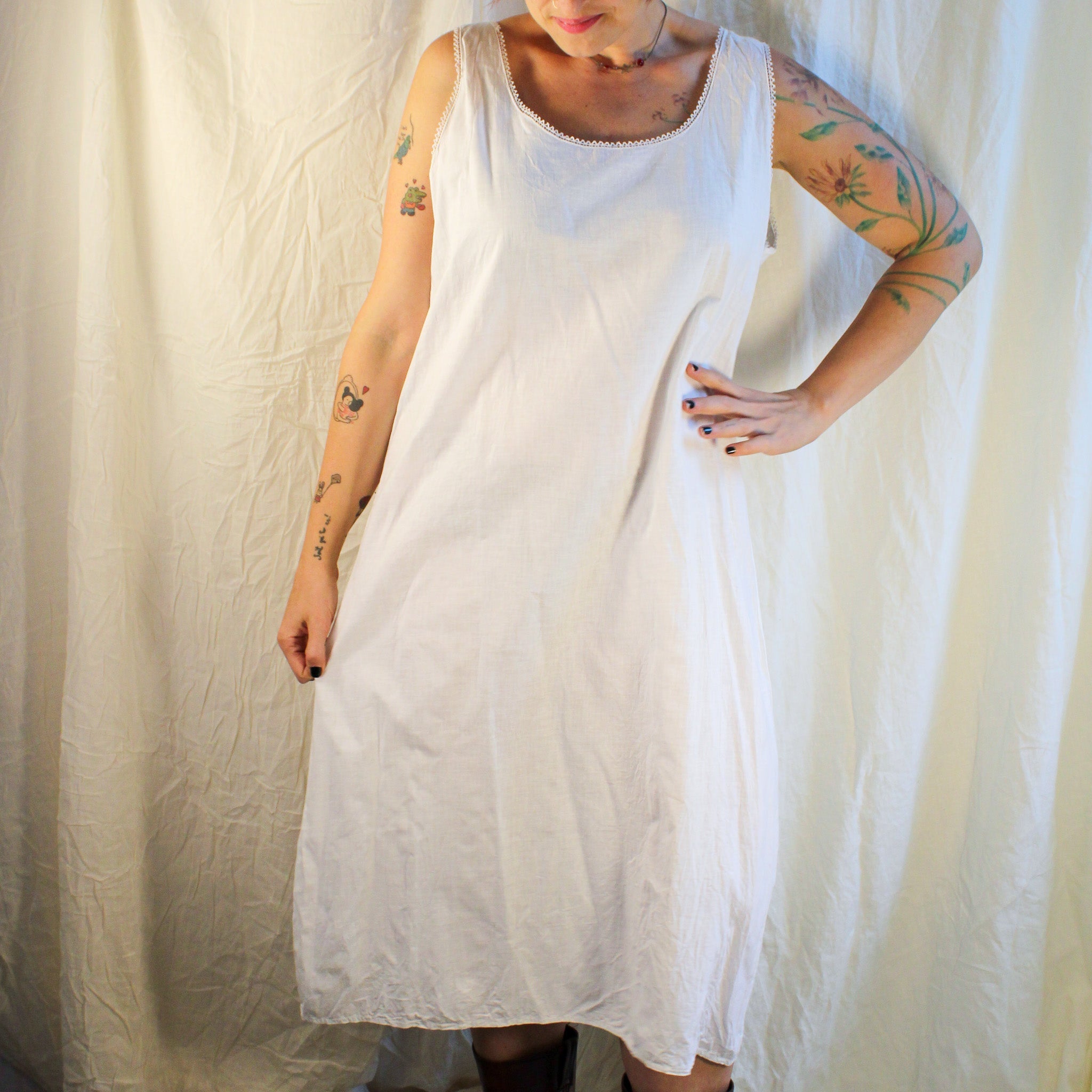 Antique cotton chemise slip with picot lace