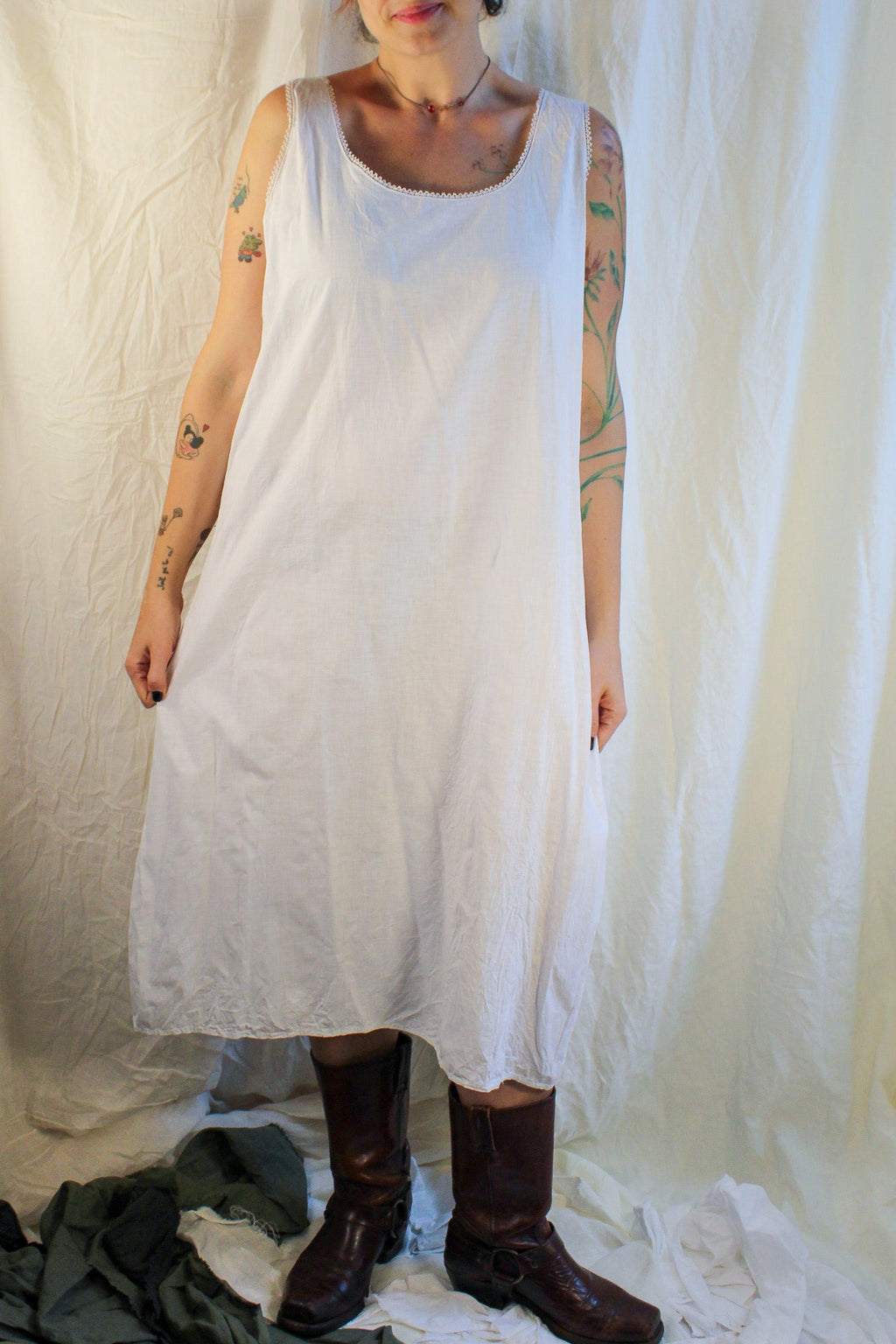Antique cotton chemise slip with picot lace