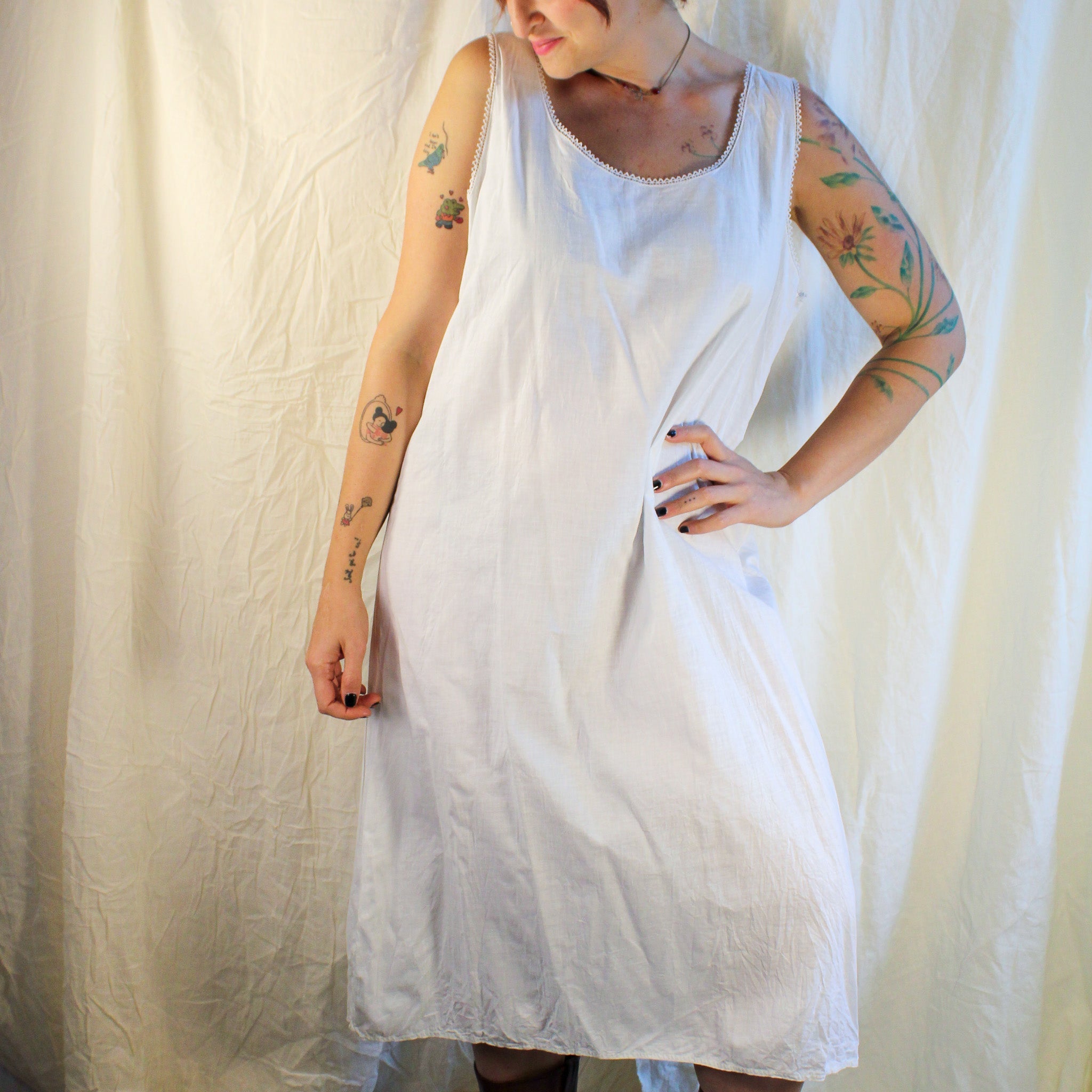 Antique cotton chemise slip with picot lace