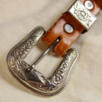 tooled leather belt w/ floral western buckle