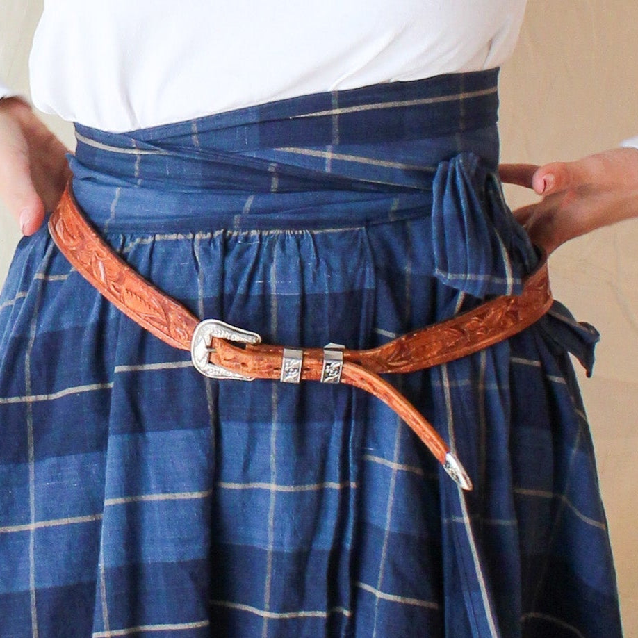 tooled leather belt w/ floral western buckle