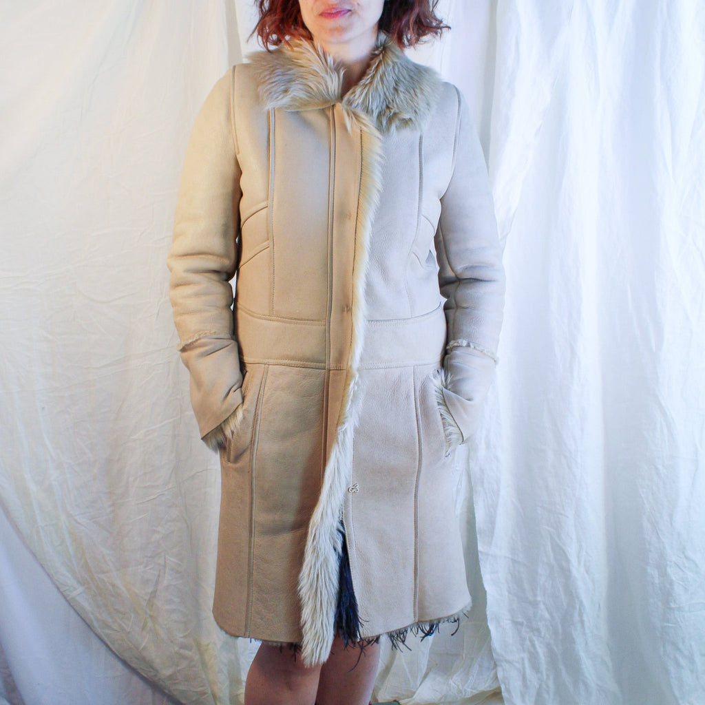 90s vintage lambskin patchwork shearling coat with fur trim - a modern penny lane