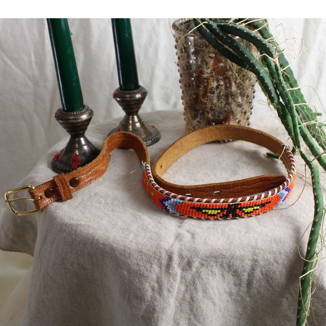 70s orange beaded leather belt