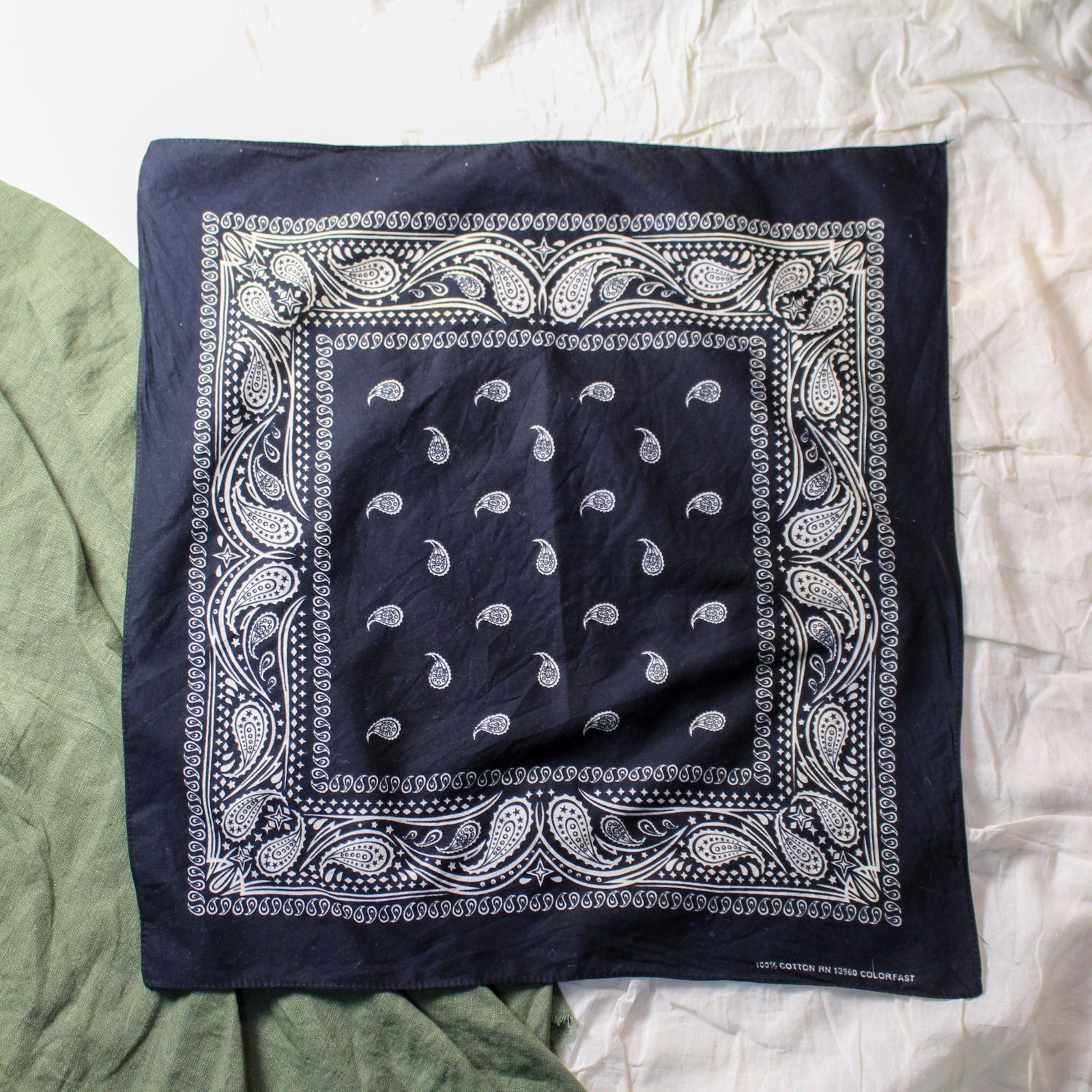 70s/80s rn 13960 black bandana, made in usa, 100% cotton