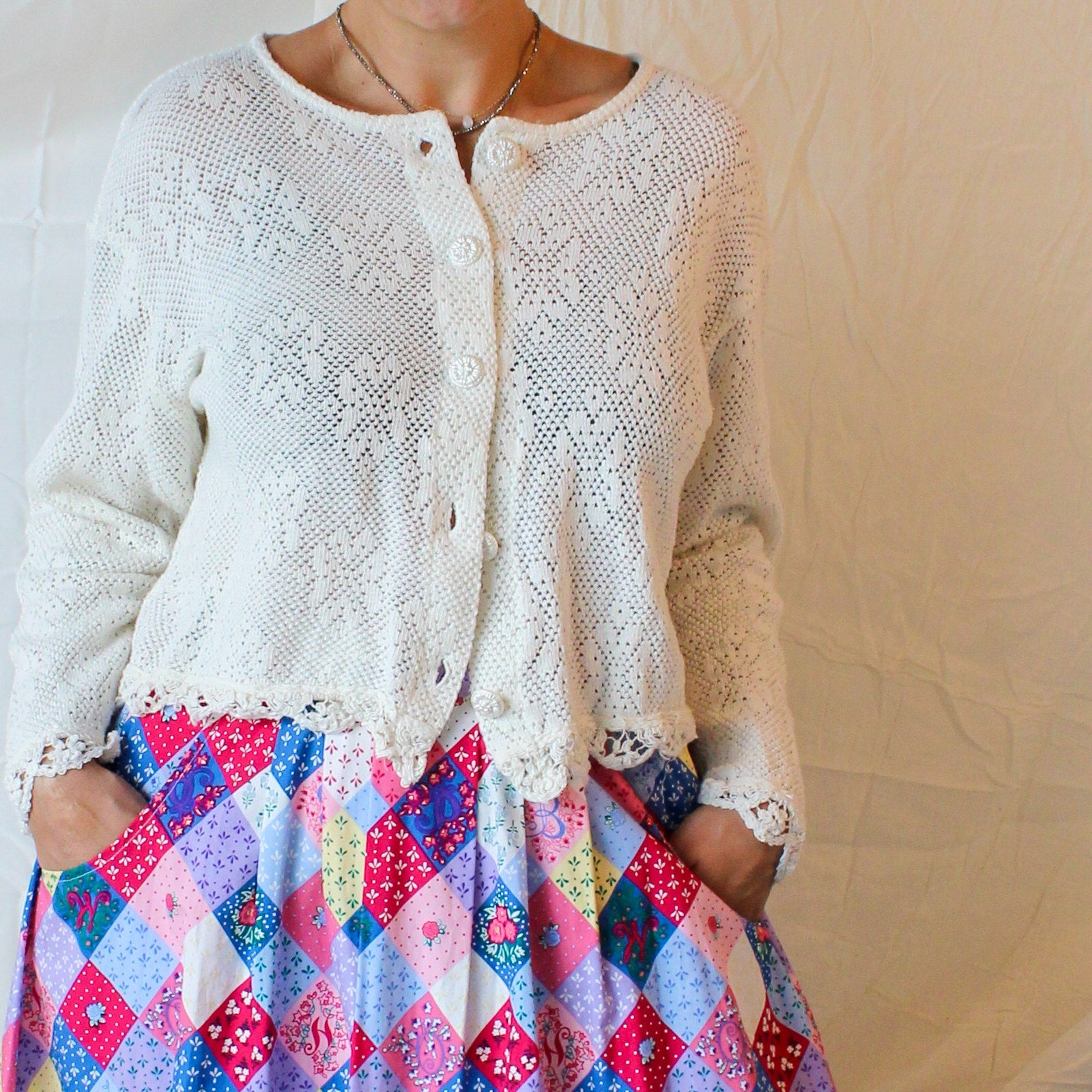 90s dwsf White Crochet cardigan large