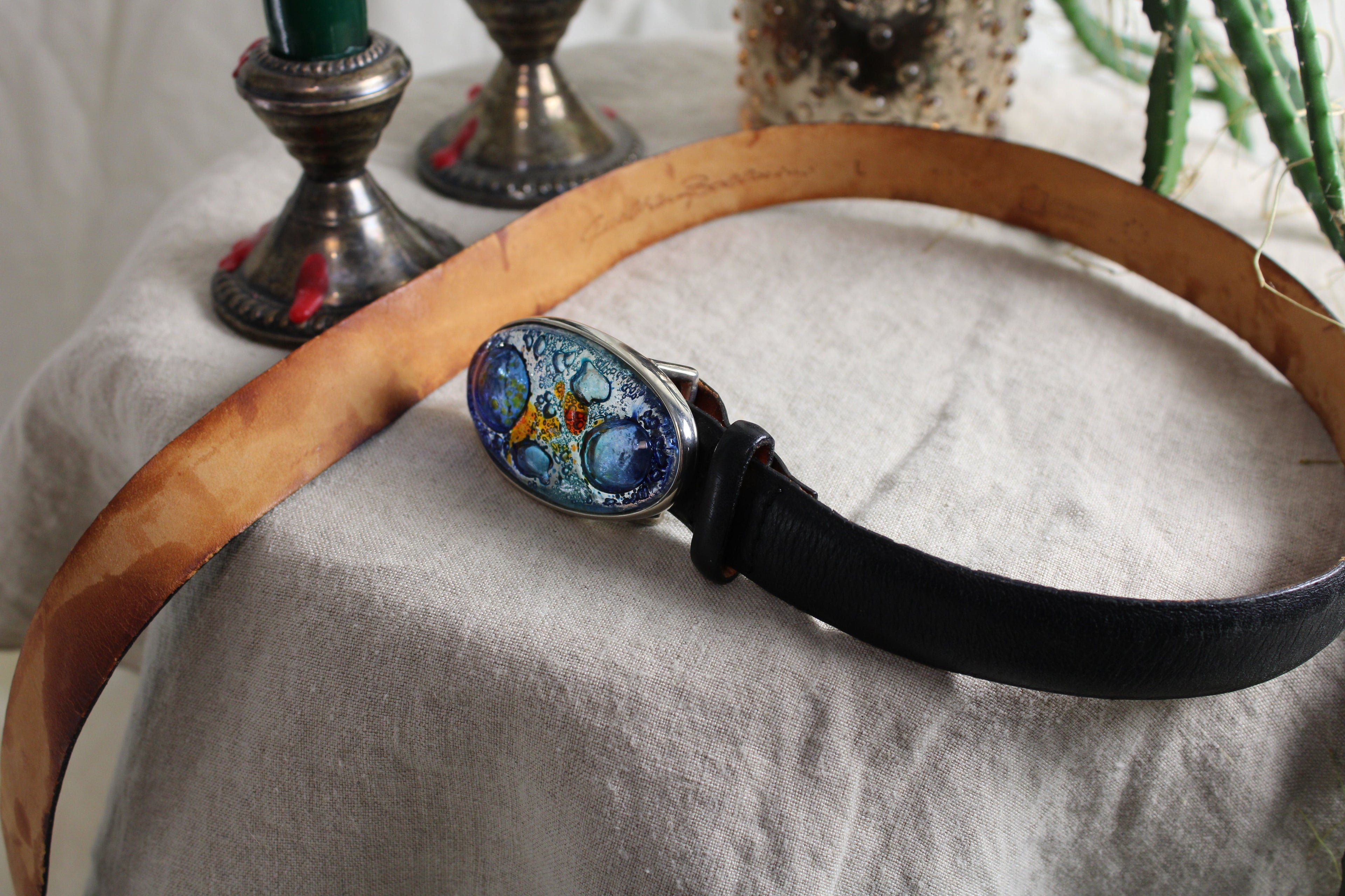 00s gualtier bollerini blue glass-buckle leather belt, l, image 2