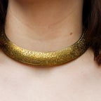 70s sculpted brass collar necklace w/ etched floral motif
