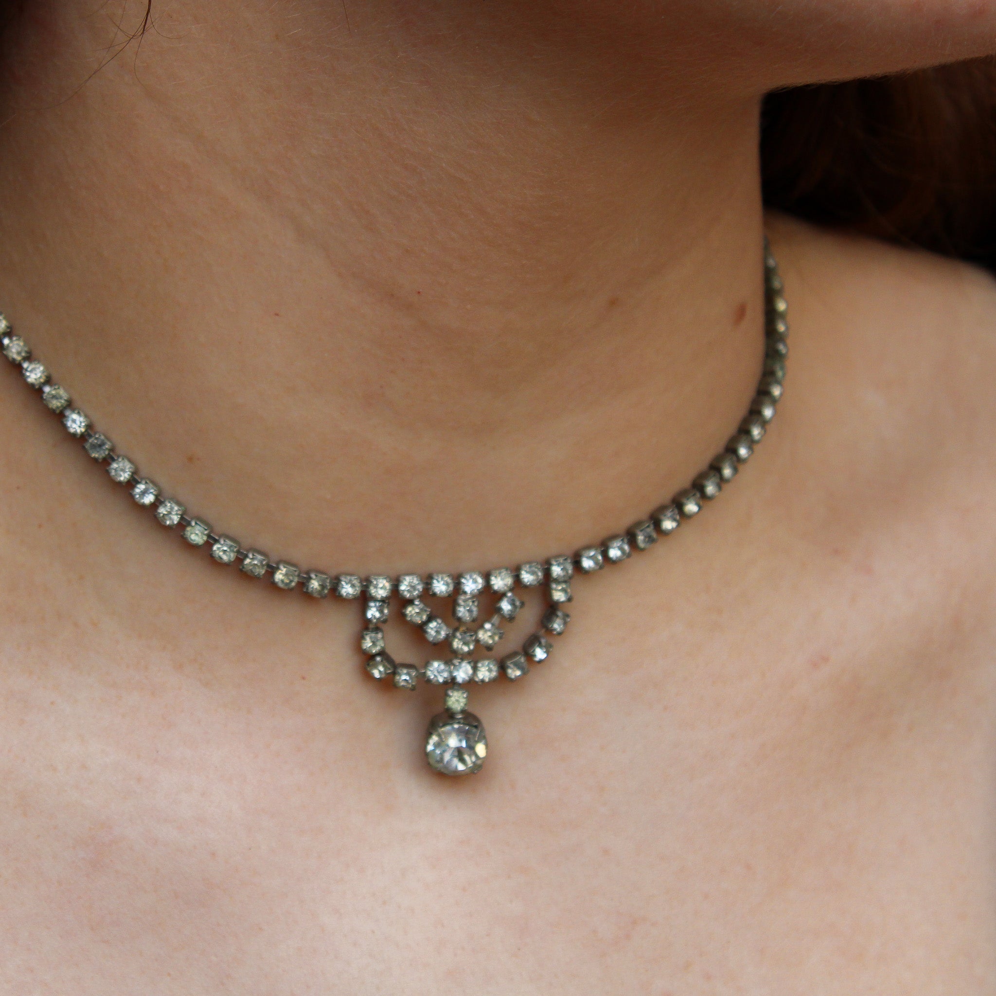 Front view of rhinestone drop choker