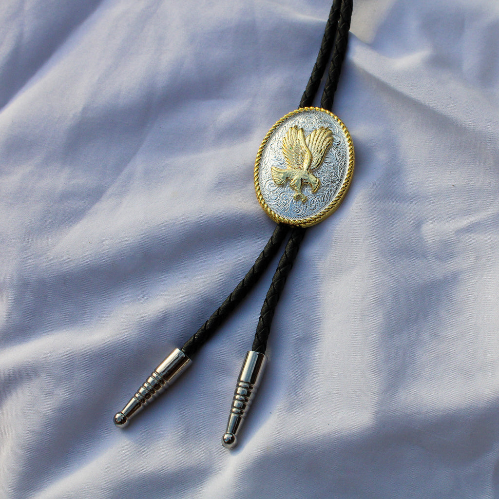 Full view of two tone eagle bolo tie by Nan