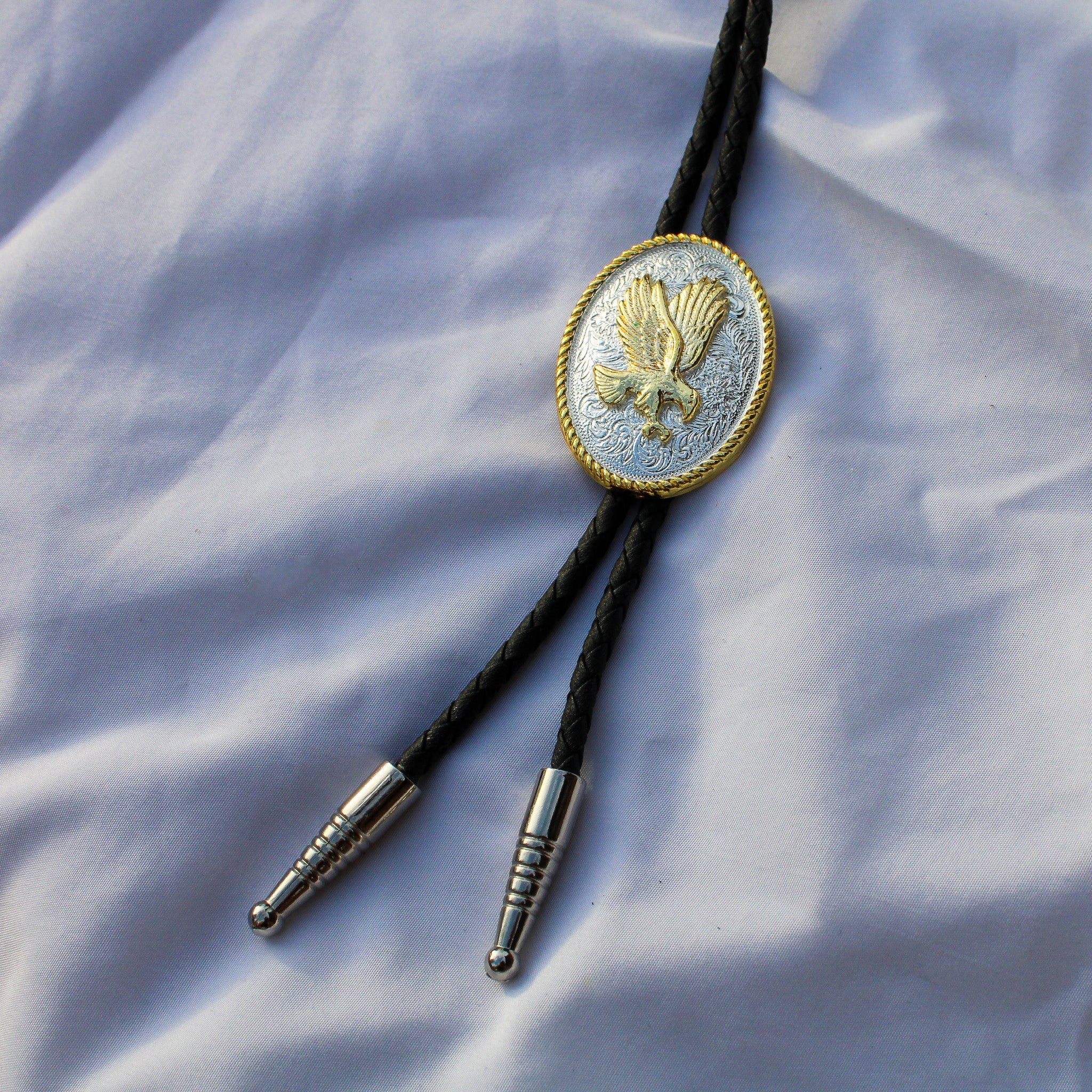 Full view of two tone eagle bolo tie by Nan