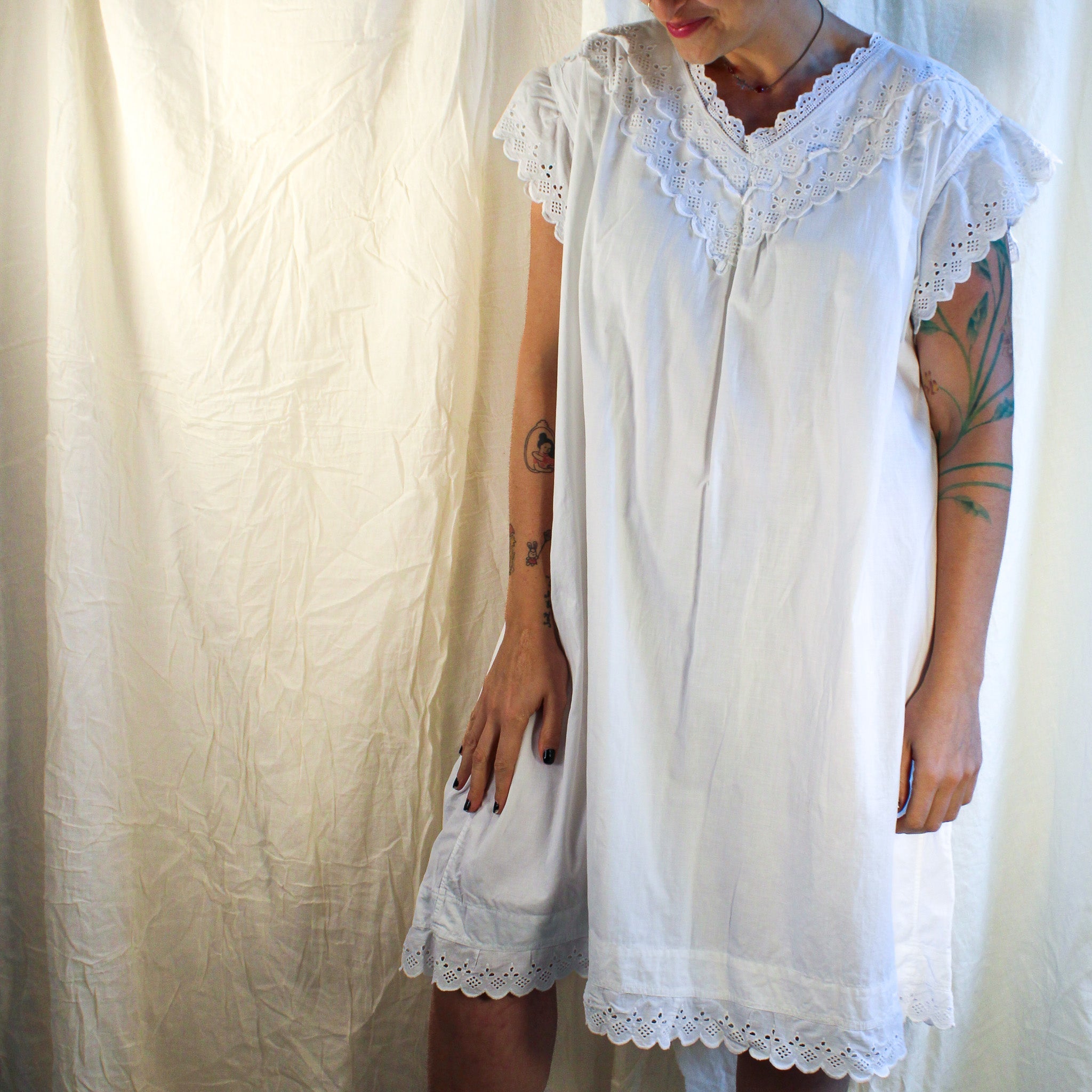 Antique cotton nightgown with eyelet lace flutter sleeves