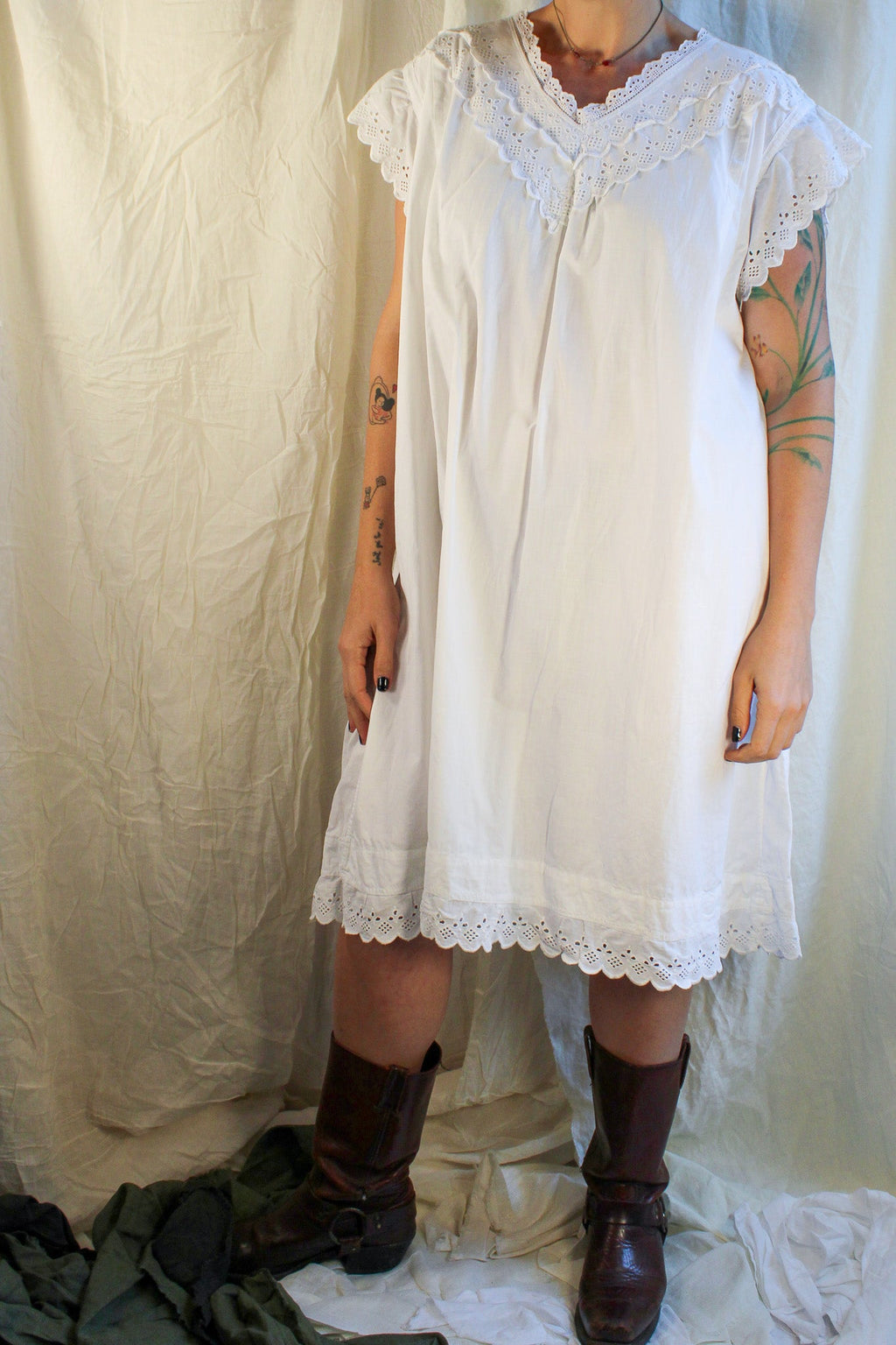 Antique cotton nightgown with eyelet lace flutter sleeves