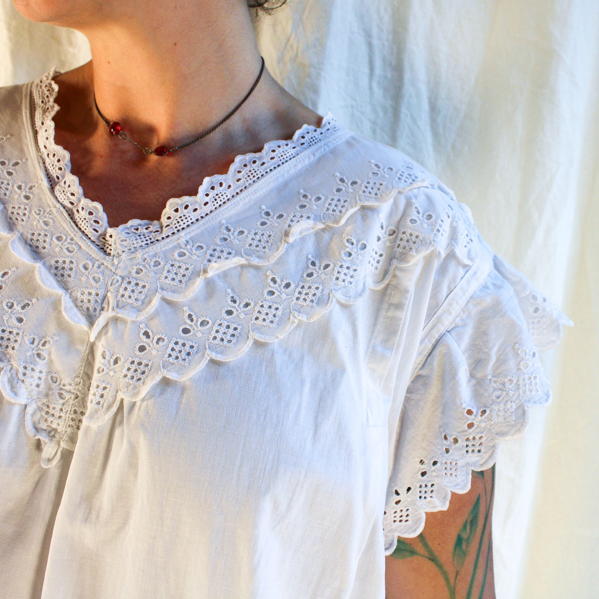 Antique cotton nightgown with eyelet lace flutter sleeves