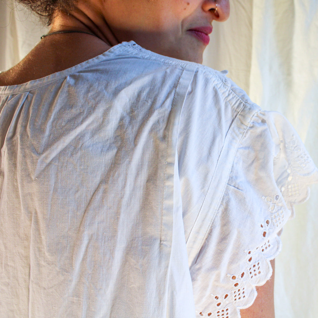 Antique cotton nightgown with eyelet lace flutter sleeves