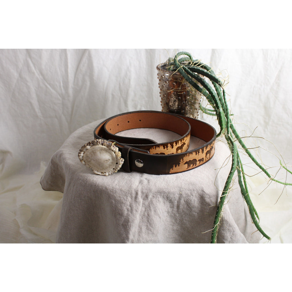 80s alaska antler buckle leather belt