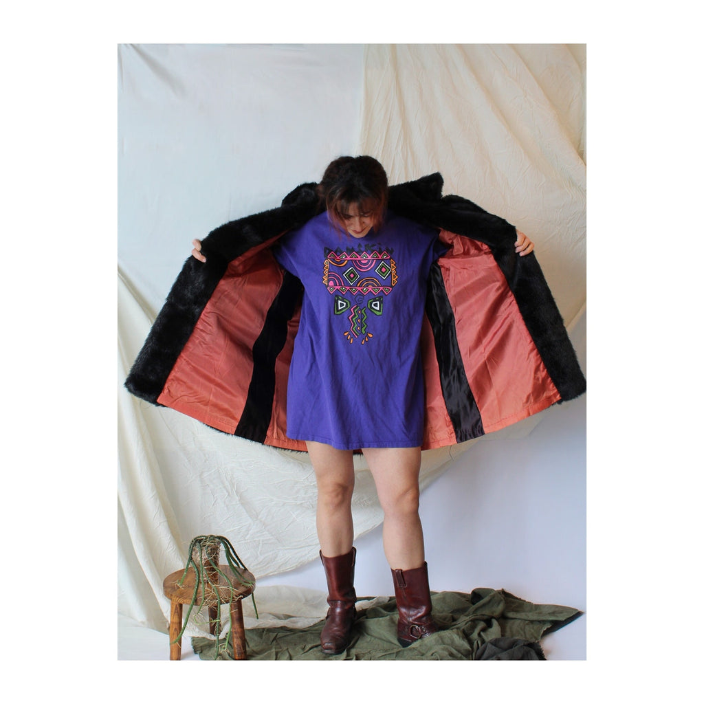 60s black faux fur mod coat with pink satin lining