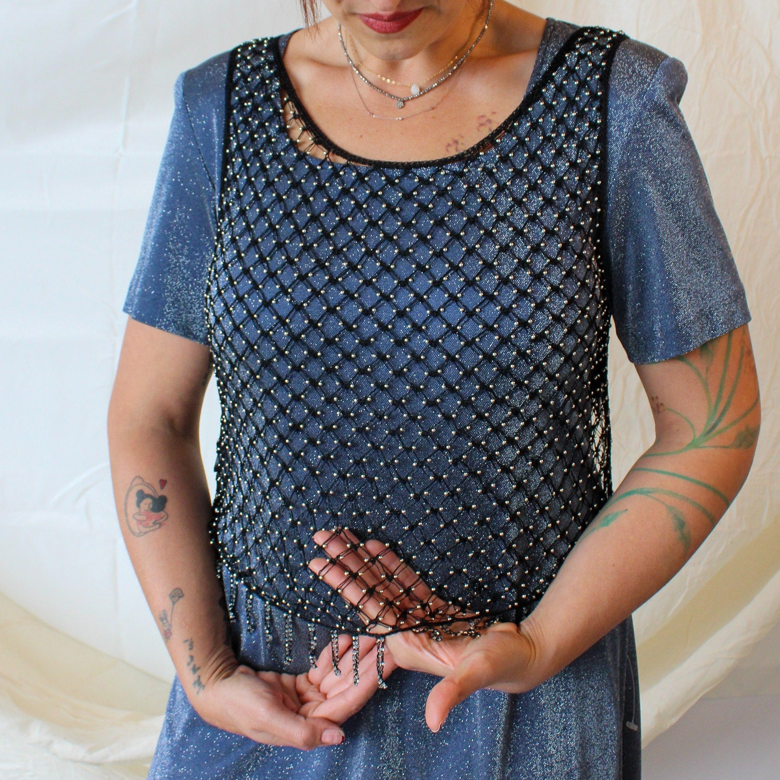 90s stenay silver beaded mesh top s/m