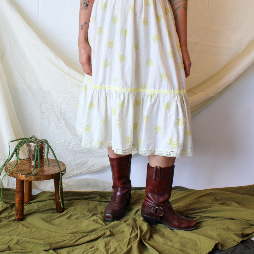 70s yellow floral lace prairie dress with metal zipper