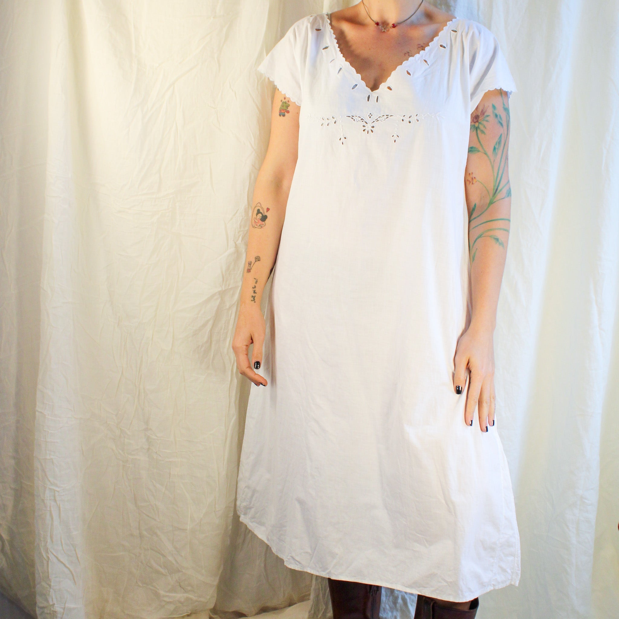 Antique white cotton nightgown with cutwork embroidery