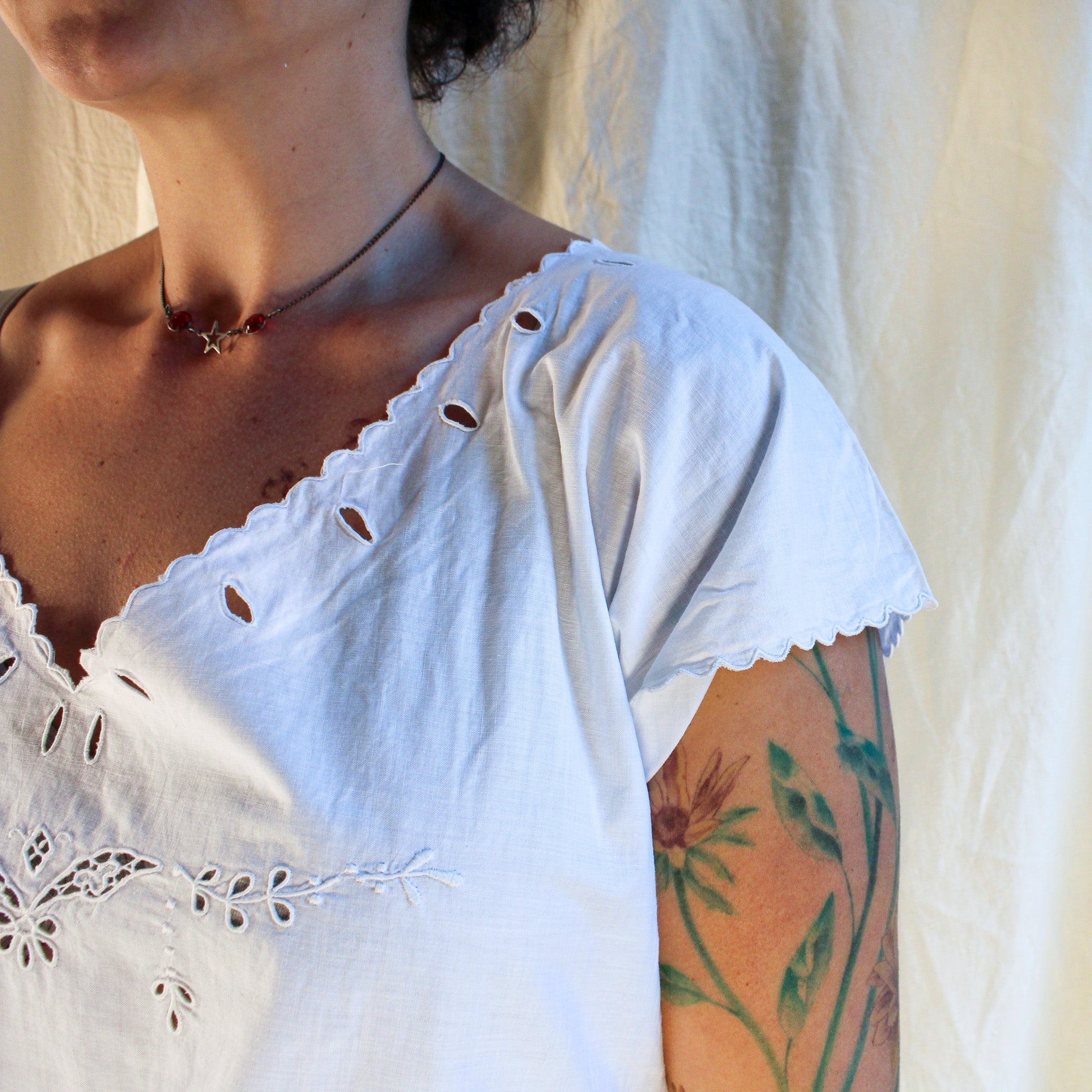Antique white cotton nightgown with cutwork embroidery