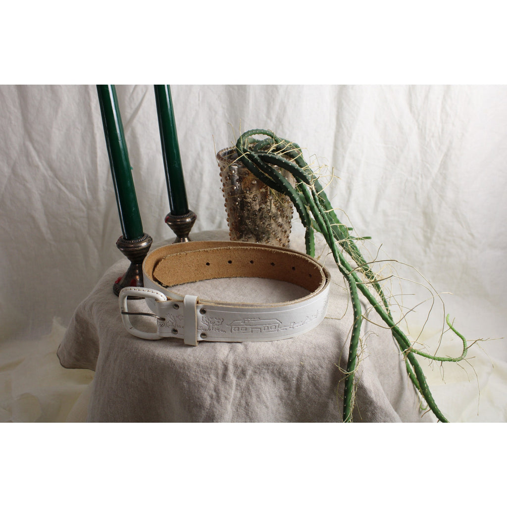 70s white embossed leather belt