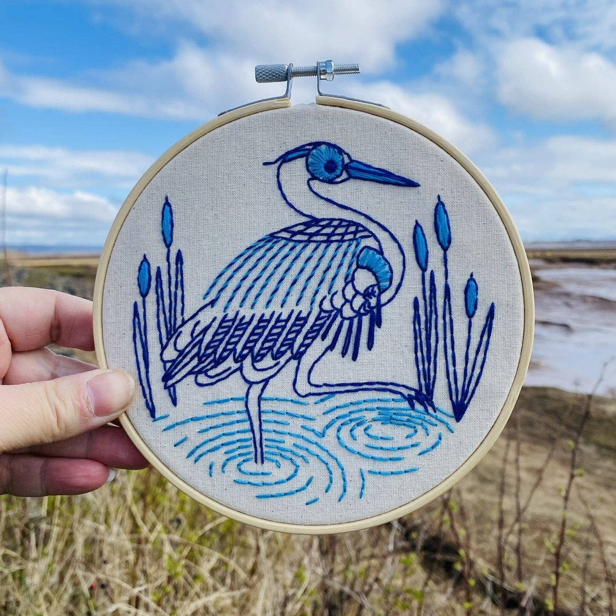 blue heron embroidery kit