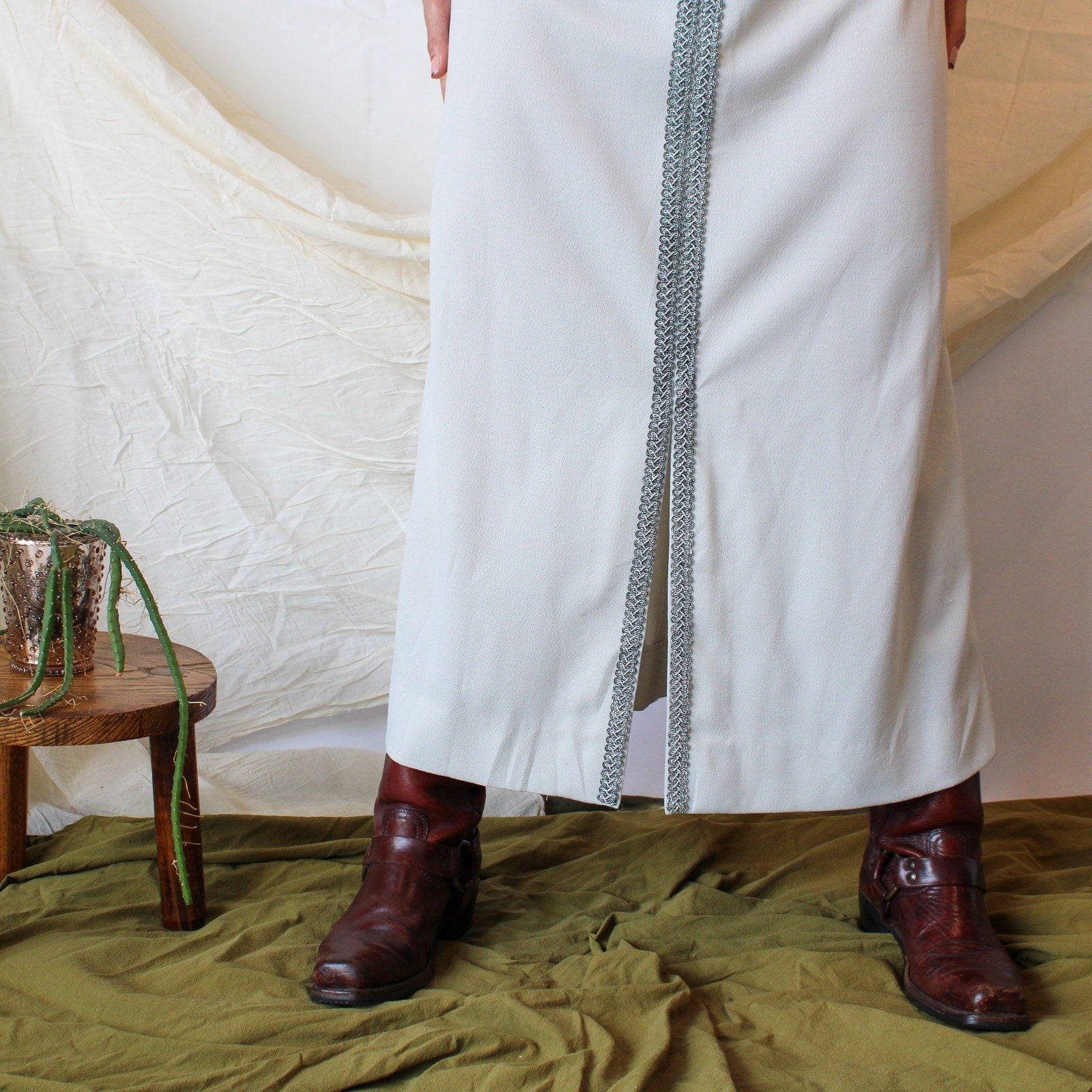 70s silver maxi dress with metallic braid trim
