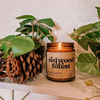 redwood forest coconut wax candle in an amber glass jar