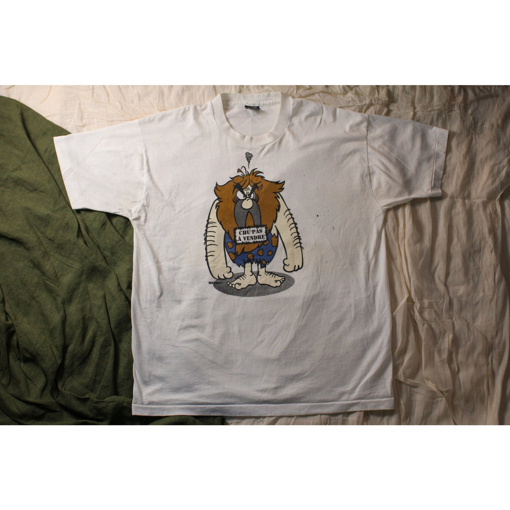 vintage 90s rusk “chu’ pas à vendre” cartoon single stitch tee – made in usa xl