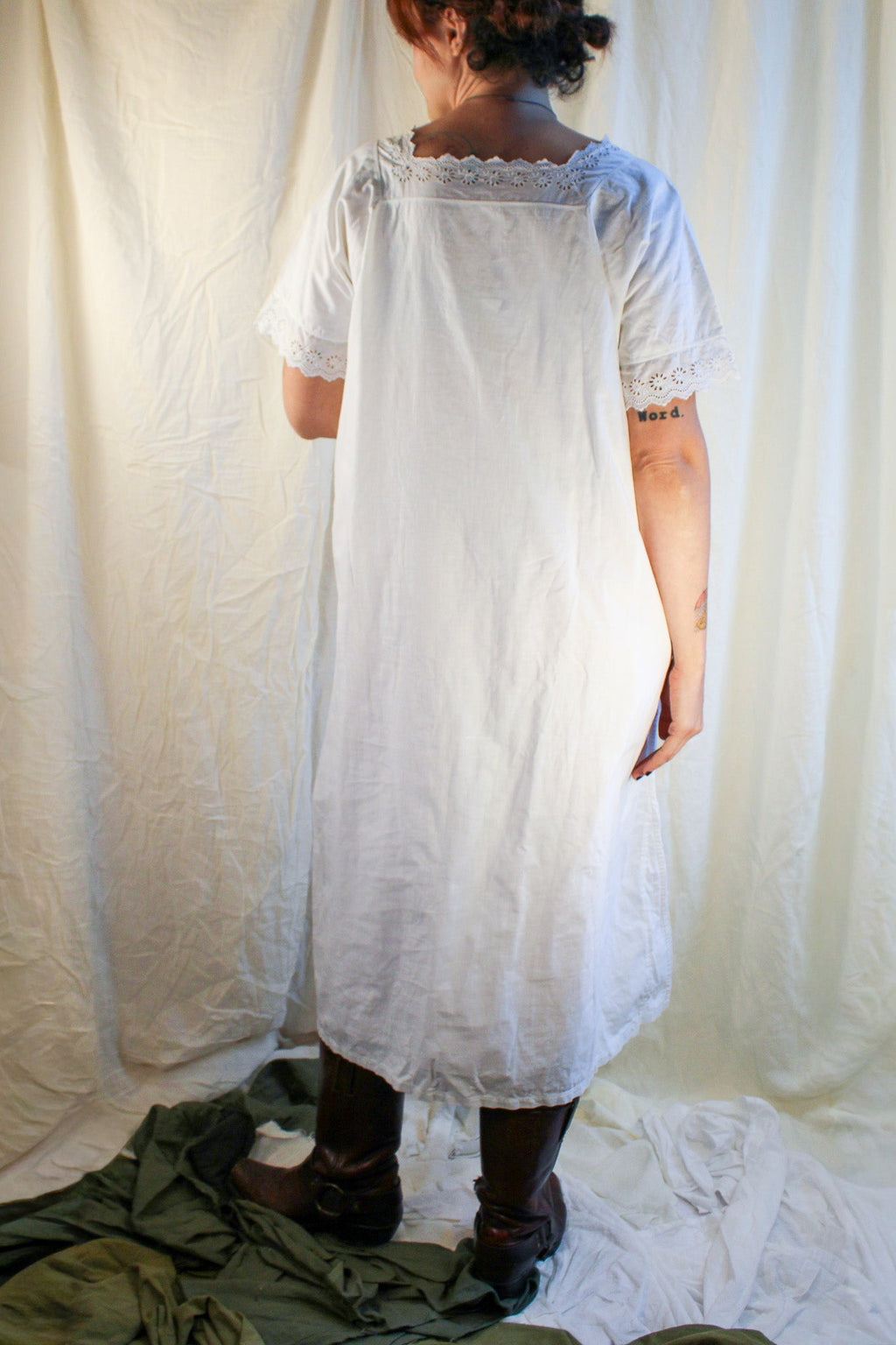 Antique cotton nightgown with square neck and daisy eyelet trim